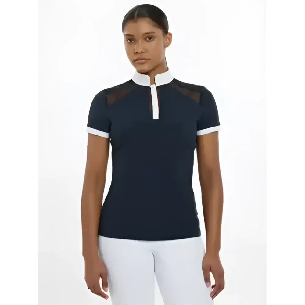 Navy lemeiux camille short athletic polo shirt with white collar cuffs and black mesh shoulder panels