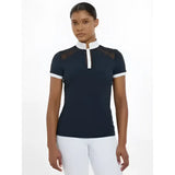 Navy lemeiux camille short athletic polo shirt with white collar cuffs and black mesh shoulder panels