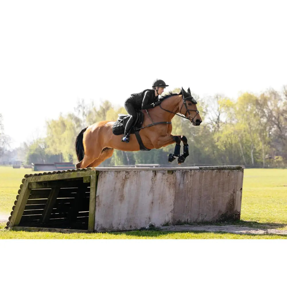 A chestnut horse leaps over an obstacle wearing lemieux 3d mesh eurojump square black with maximum airflow