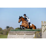 A brown horse mid-jump wearing a black bridle and lemieux 3d mesh eurojump square white fabric weave saddle pad