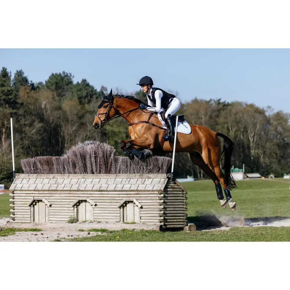A chestnut horse wearing lemieux 3d mesh eurojump square white saddle pad featuring breathable fabric weave