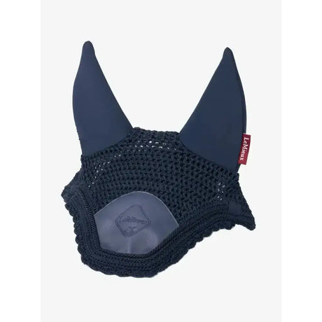 Navy blue lemieux acoustic pro fly hood with knitted design, padded ear covers, and branded patch for horses