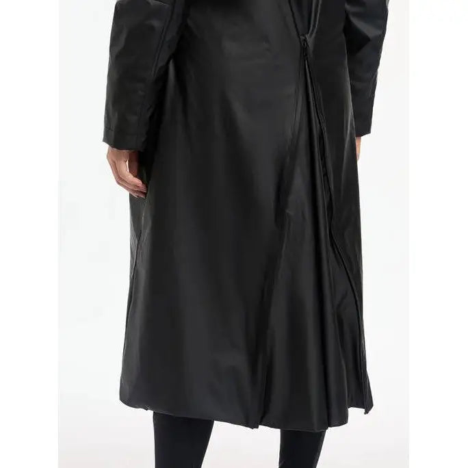 Long black coat with diagonal zipper closure, Lemieux All Elements Coat Black