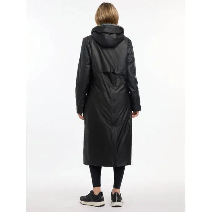 Long black hooded winter coat from back view, showcasing Lemieux Elements Coat Black