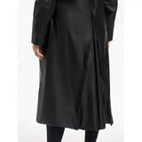 Black satin trench coat with a sleek flowing silhouette and subtle sheen from lemieux elements coat black collection