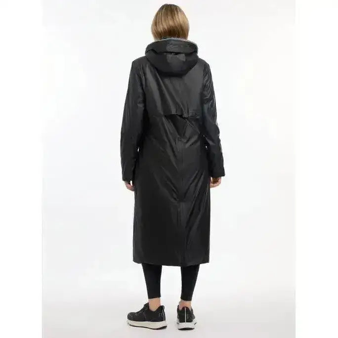 Black waterproof trench coat with hood and subtle reflective sheen lemieux elements coat black for all weather use