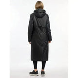 Black waterproof trench coat with hood and subtle reflective sheen lemieux elements coat black for all weather use