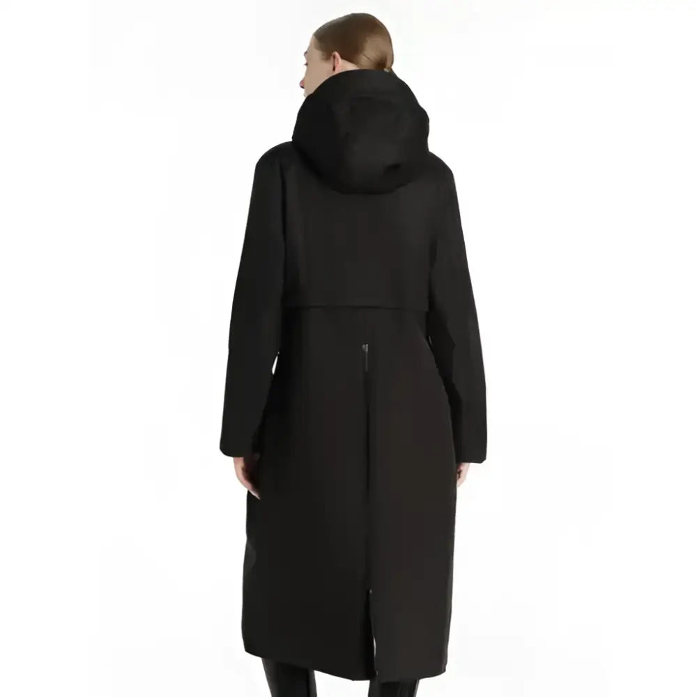 Back view of lemieux elements robe black with sleek tailored design and central zipper on hooded coat
