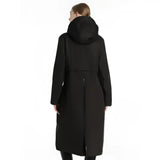 Back view of lemieux elements robe black with sleek tailored design and central zipper on hooded coat