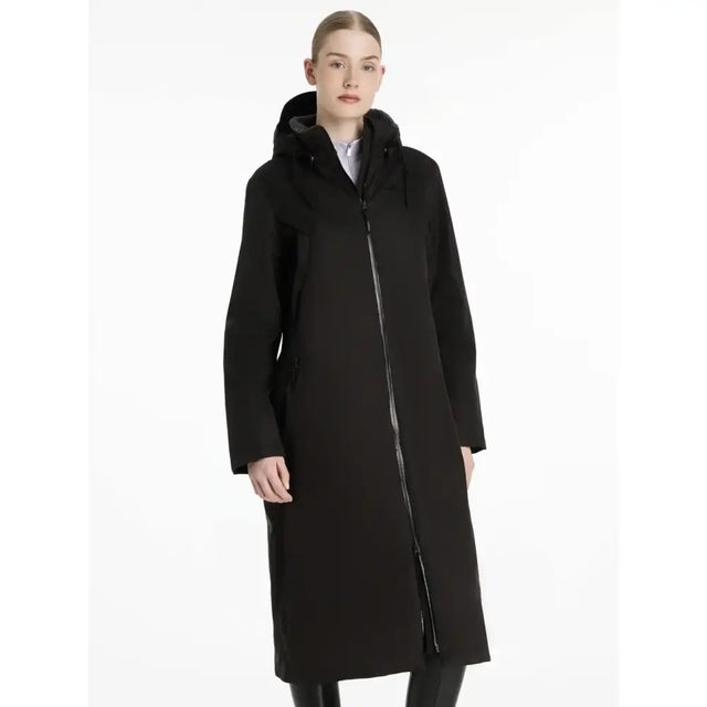 Black hooded elements robe black with sleek minimalist design and central zipper perfect for all elements use