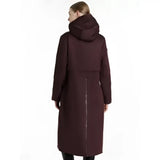 Back view of a burgundy lemieux elements robe damson longline coat with a structured hood and central zipper
