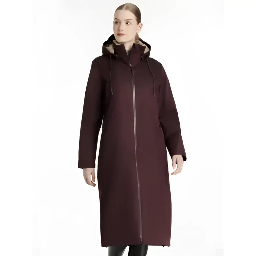Dark burgundy longline winter coat with hood lined in light brown faux fur and black drawstrings elements robe damson