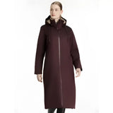 Dark burgundy longline winter coat with hood lined in light brown faux fur and black drawstrings elements robe damson