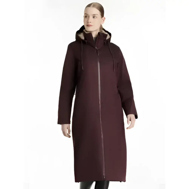 Dark burgundy longline winter coat with hood lined in light brown faux fur and black drawstrings elements robe damson