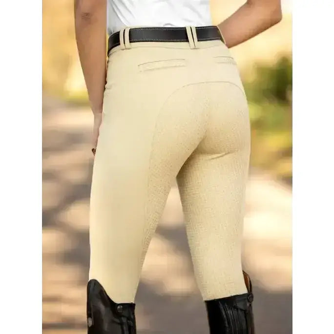 Beige lemieux amara ii breech full seat riding pants with plaited embossed pocket and tapered lower leg design