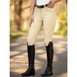Beige lemieux amara equestrian riding pants with a tapered lower leg and plaited embossed pocket design and black belt