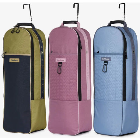 Three lemieux anatomical bridle bag mallow in olive pink and blue quilted nylon fabric with black zippers