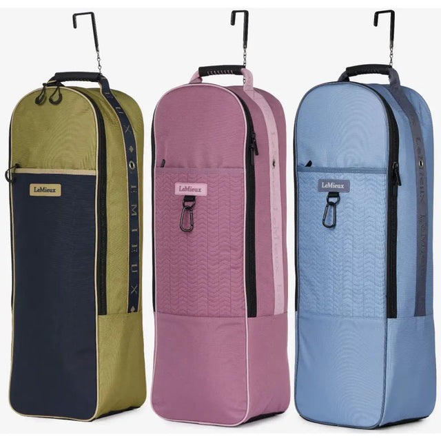 Three lemieux anatomical bridle bag mallow in olive pink and blue quilted nylon fabric with black zippers