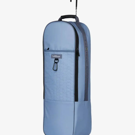 Light blue lemieux anatomical bridle bag in waterproof nylon with quilted texture black zipper handle and hanging hook