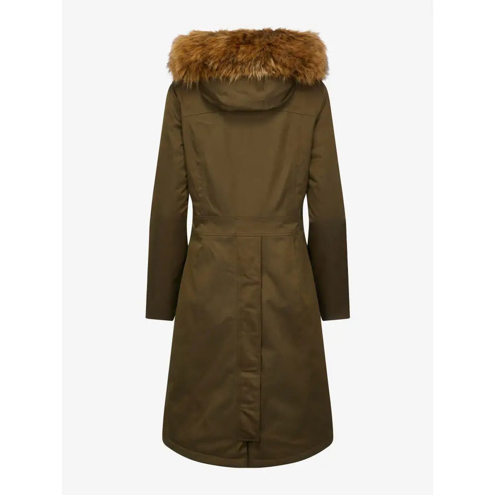 Long olive green Lemieux Anya Waterproof Riding Coat Alpine with fur-trimmed hood