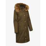 Long olive green winter coat with a fur-trimmed hood and snap closures.