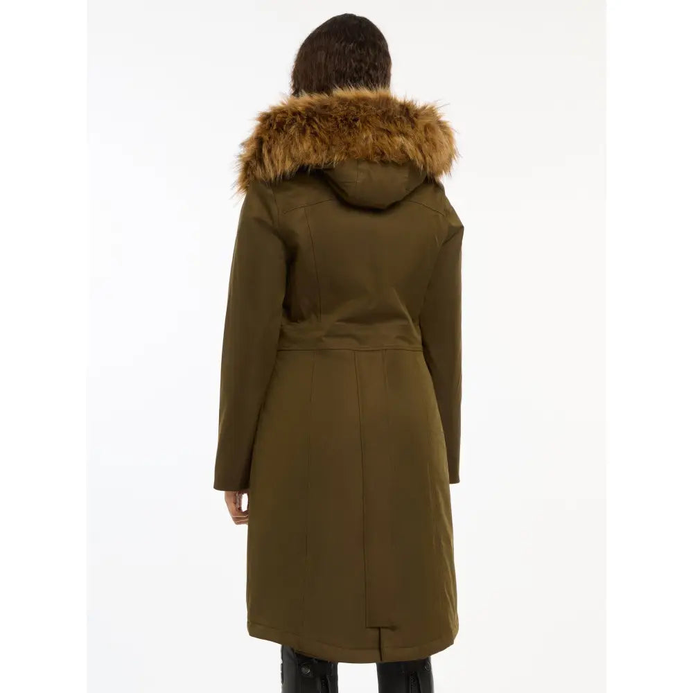 Long olive green Lemieux Anya Waterproof Riding Coat Alpine with fur-trimmed hood