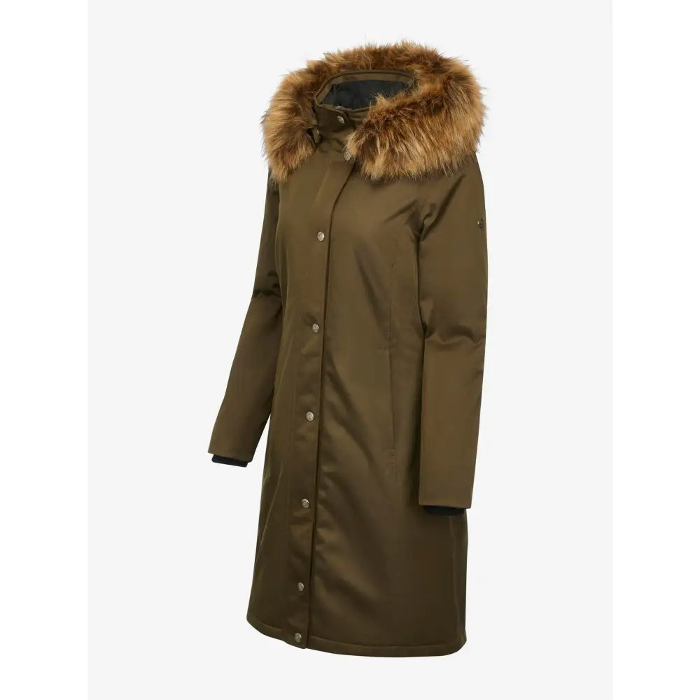 Long olive green Lemieux Anya Waterproof Riding Coat Alpine with fur-trimmed hood