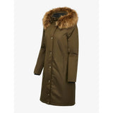 Long olive green Lemieux Anya Waterproof Riding Coat Alpine with fur-trimmed hood