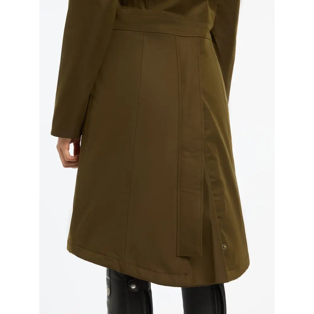 Olive green Lemieux Anya Waterproof Riding Coat Alpine with back slit, shown from behind