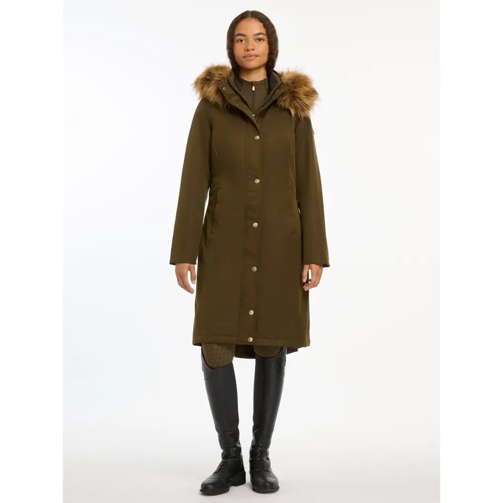 Long olive green Lemieux Anya Waterproof Riding Coat Alpine with fur-trimmed hood