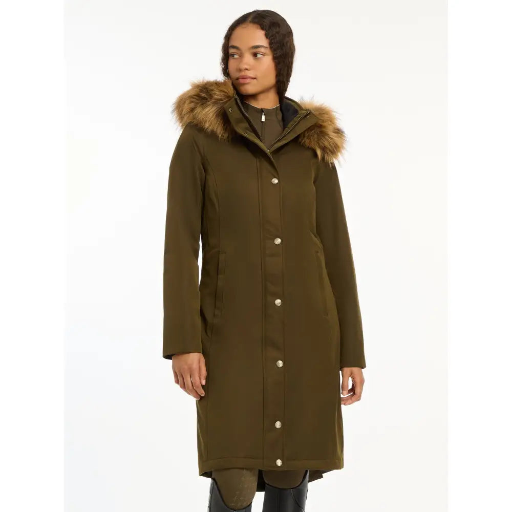 Long olive green Lemieux Anya Waterproof Riding Coat Alpine with fur-trimmed hood