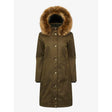 Long olive green Lemieux Anya Waterproof Riding Coat Alpine with fur-trimmed hood