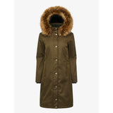 Long olive green Lemieux Anya Waterproof Riding Coat Alpine with fur-trimmed hood