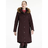 Dark burgundy lemieux anya waterproof riding coat with plush brown fur-lined hood and silver buttons