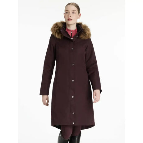 Dark burgundy lemieux anya waterproof riding coat with plush brown fur-lined hood and silver buttons