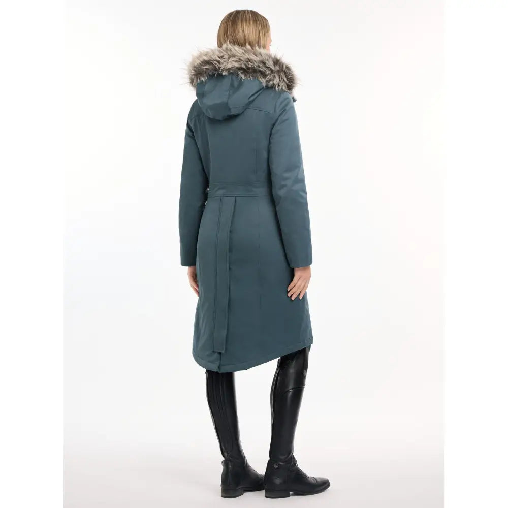 Long teal Lemieux Anya Waterproof Riding Coat Petrol with fur-trimmed hood and belt