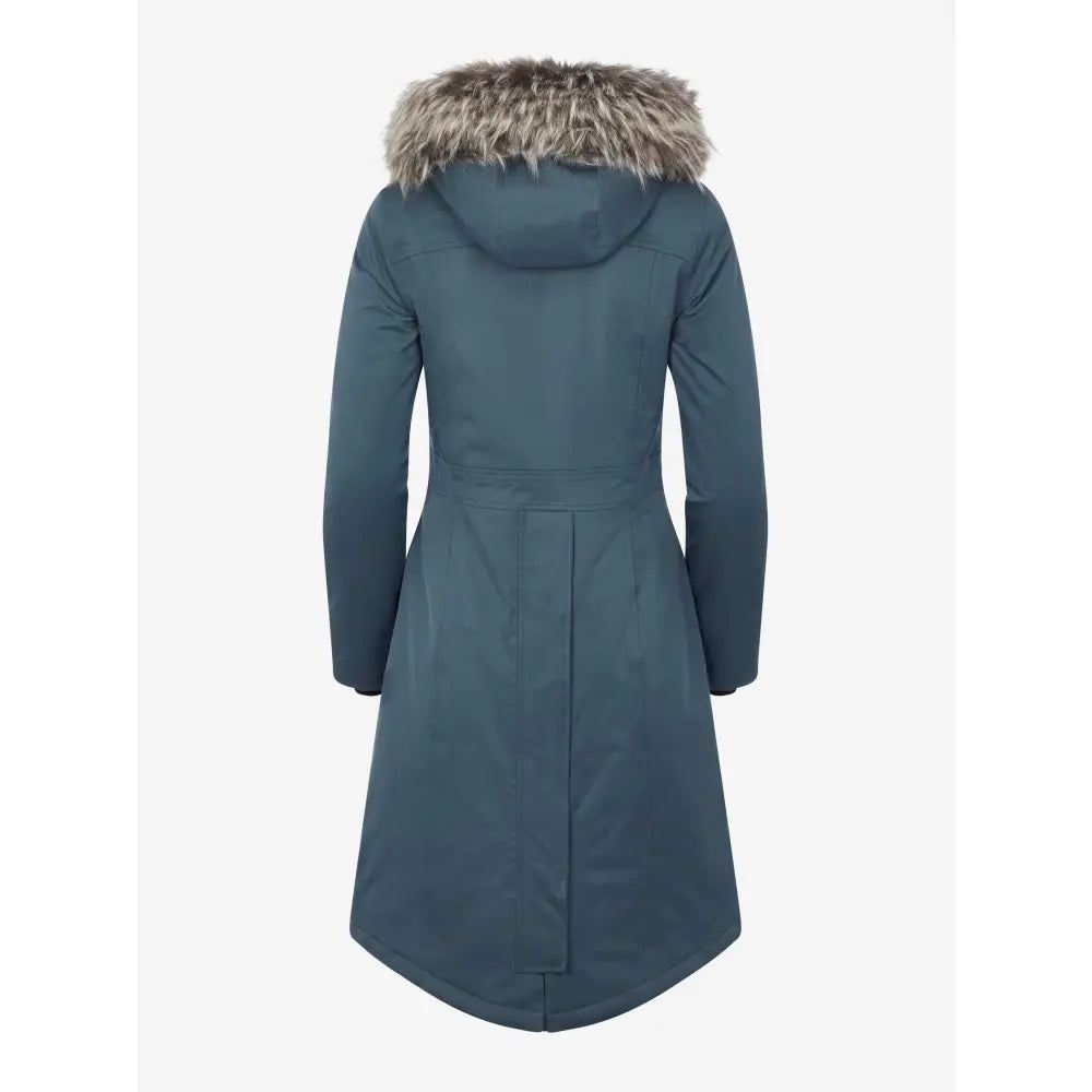 Long blue-gray Lemieux Anya Waterproof Riding Coat Petrol with fur-trimmed hood