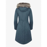 Long blue-gray Lemieux Anya Waterproof Riding Coat Petrol with fur-trimmed hood