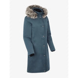 Long teal Lemieux Anya Waterproof Riding Coat Petrol with fur-trimmed hood and buttons