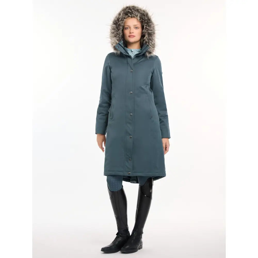 Lemieux Anya Waterproof Riding Coat Petrol in blue-green with fur-trimmed hood