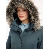 Lemieux Anya Waterproof Riding Coat Petrol with fur-trimmed hood for winter comfort