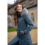 Lemieux Anya Waterproof Riding Coat Petrol with fur-trimmed hood for winter protection