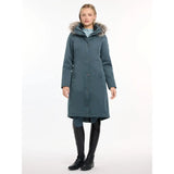 Long teal Lemieux Anya Waterproof Riding Coat Petrol with fur-trimmed hood and buttons