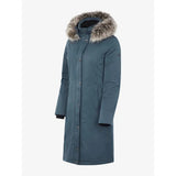 Long blue-gray Lemieux Anya Waterproof Riding Coat Petrol with fur-trimmed hood