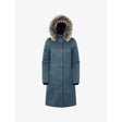 Long blue-gray Lemieux Anya Waterproof Riding Coat Petrol with fur-trimmed hood