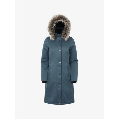 Long blue-gray Lemieux Anya Waterproof Riding Coat Petrol with fur-trimmed hood