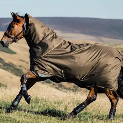 Horse wearing a full-body protective blanket galloping across a grassy field.