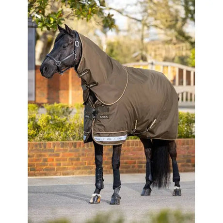 Black horse in Lemieux Arika 600D Ripstop Turnout Rug Alpine with leg wraps