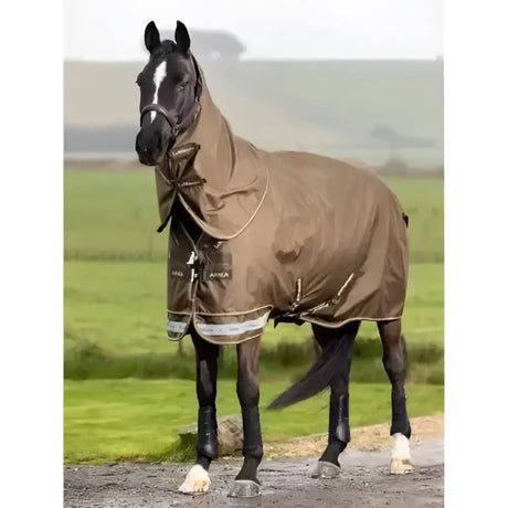 Brown lemieux arika 600d ripstop 50g turnout rug alpine with reflective trim and brand logo
