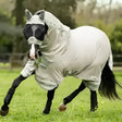 A light gray lemieux arika armour-tek super lightweight breathable horse fly mask with black face covering and straps